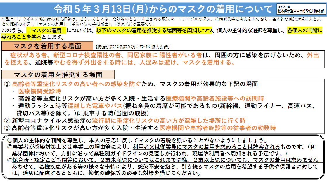 令和5年3月13日(月曜日)からのマスクの着用について